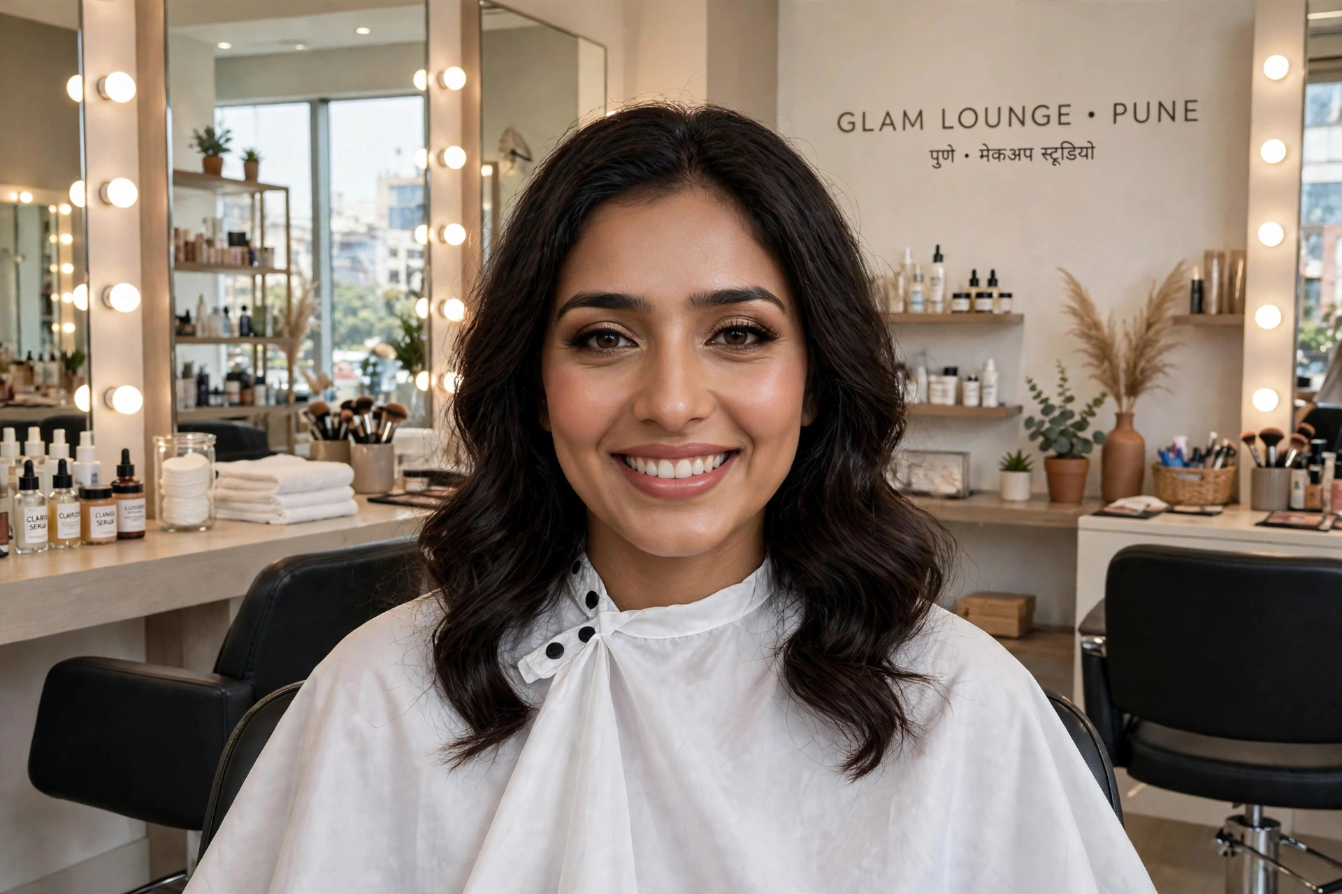 Same woman radiant with flawless makeup and styled hair smiling confidently after salon visit