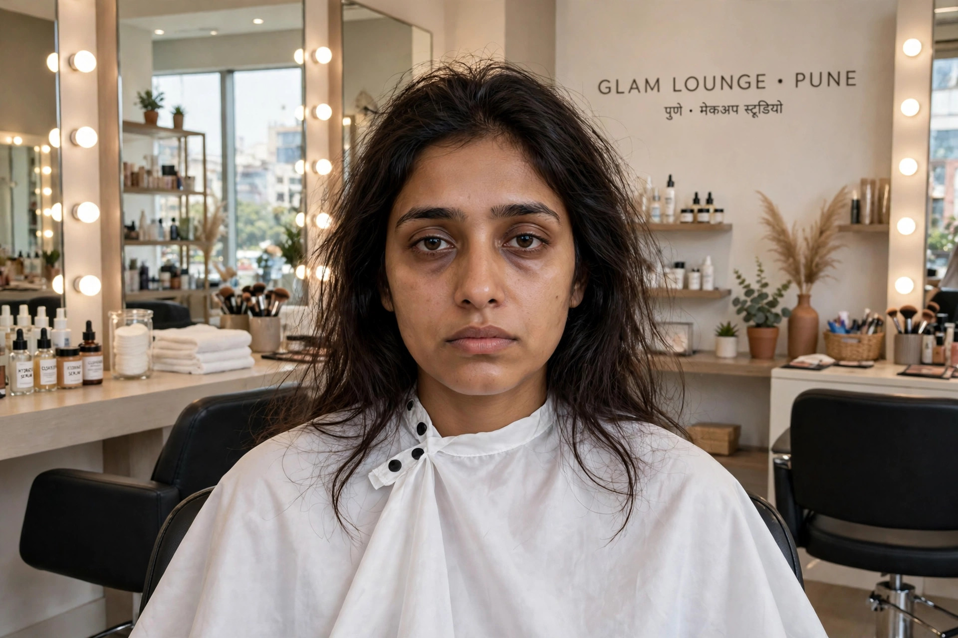 Woman with dull tired skin and plain hair before makeup and styling